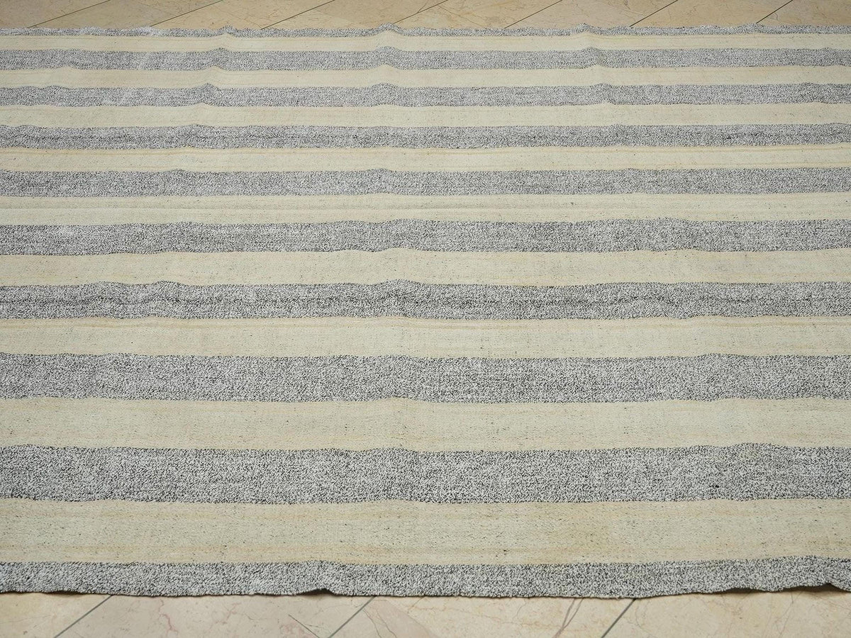 7.5x10 Large Natural Gray Striped Kilim Rug: Summer Outdoor Decor Flat Weave Turkish Rugs