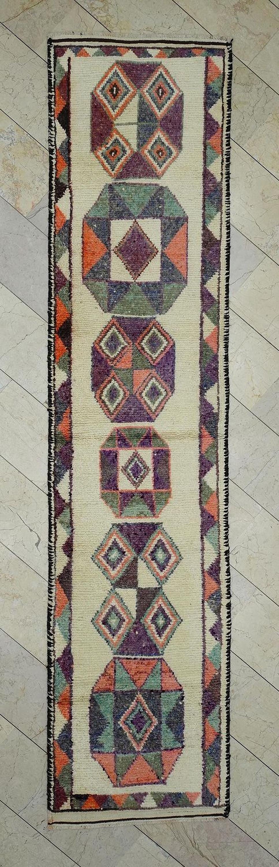 Handmade Turkish Anatolian Wool Rug Runner:  Farmhouse Decor Long Rugs 2,7"x12" Feet.