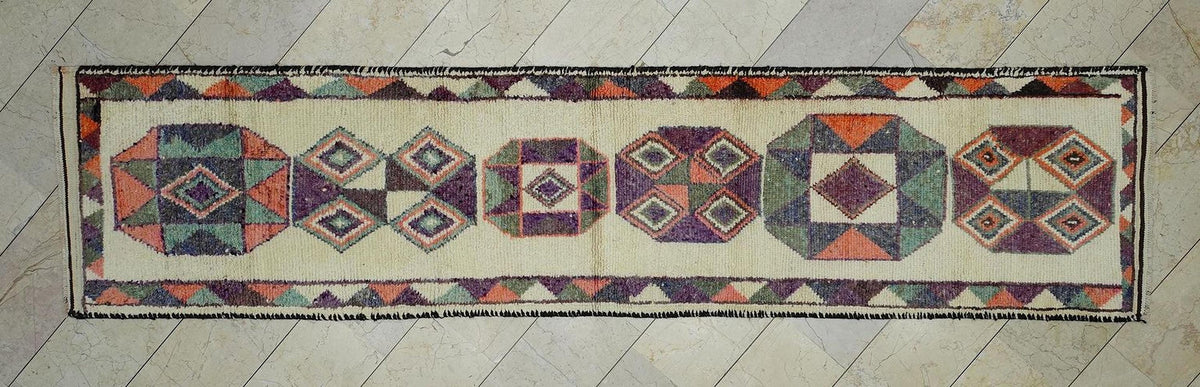 Handmade Turkish Anatolian Wool Rug Runner:  Farmhouse Decor Long Rugs 2,7"x12" Feet.