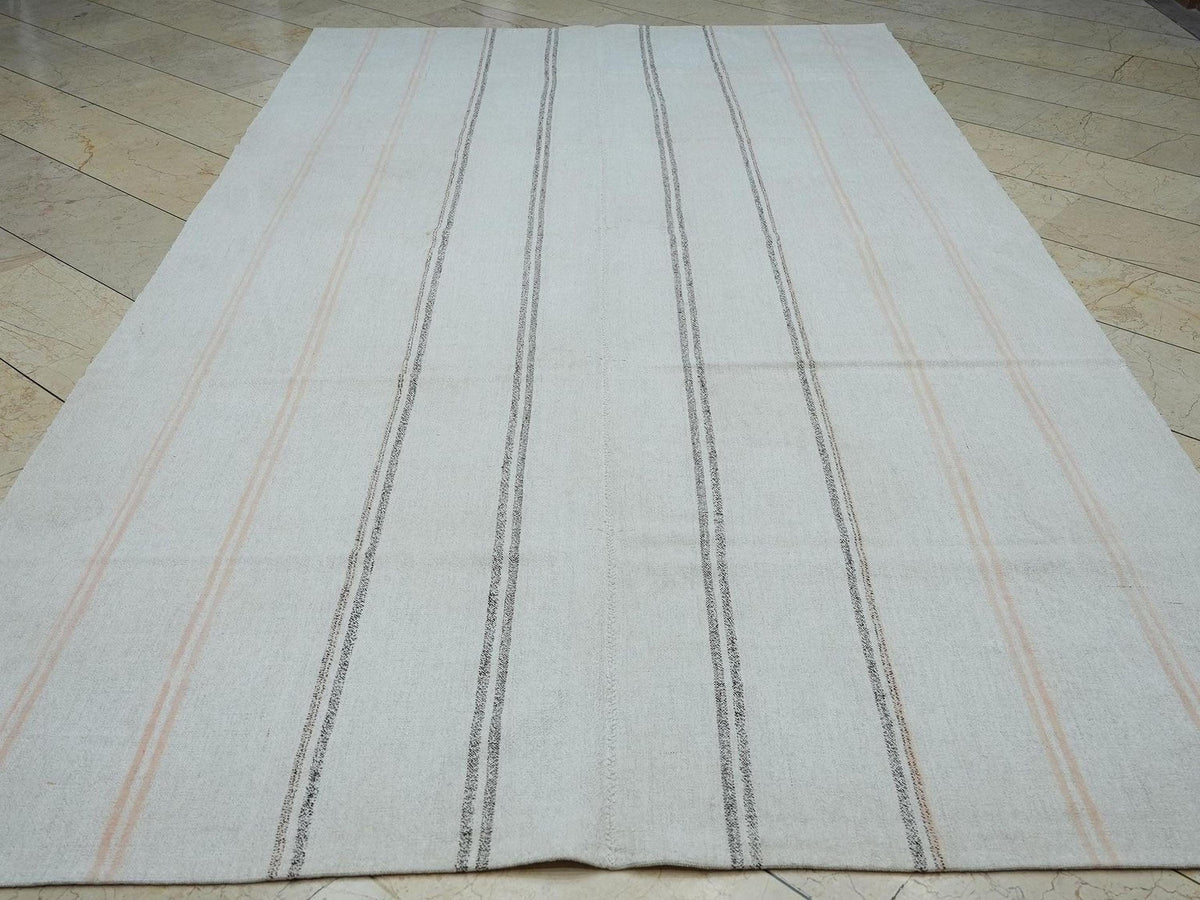 Sweden Style Striped Turkish Kilim Rug,7x12 Natural ivory Gray Home Living Decor Rugs