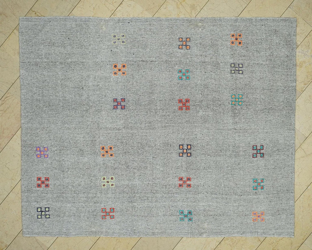 Summer Outdoor Decor: Natural Gray Turkish Kilim Rug, Goat Hair - Cotton Woven Rugs 7x9