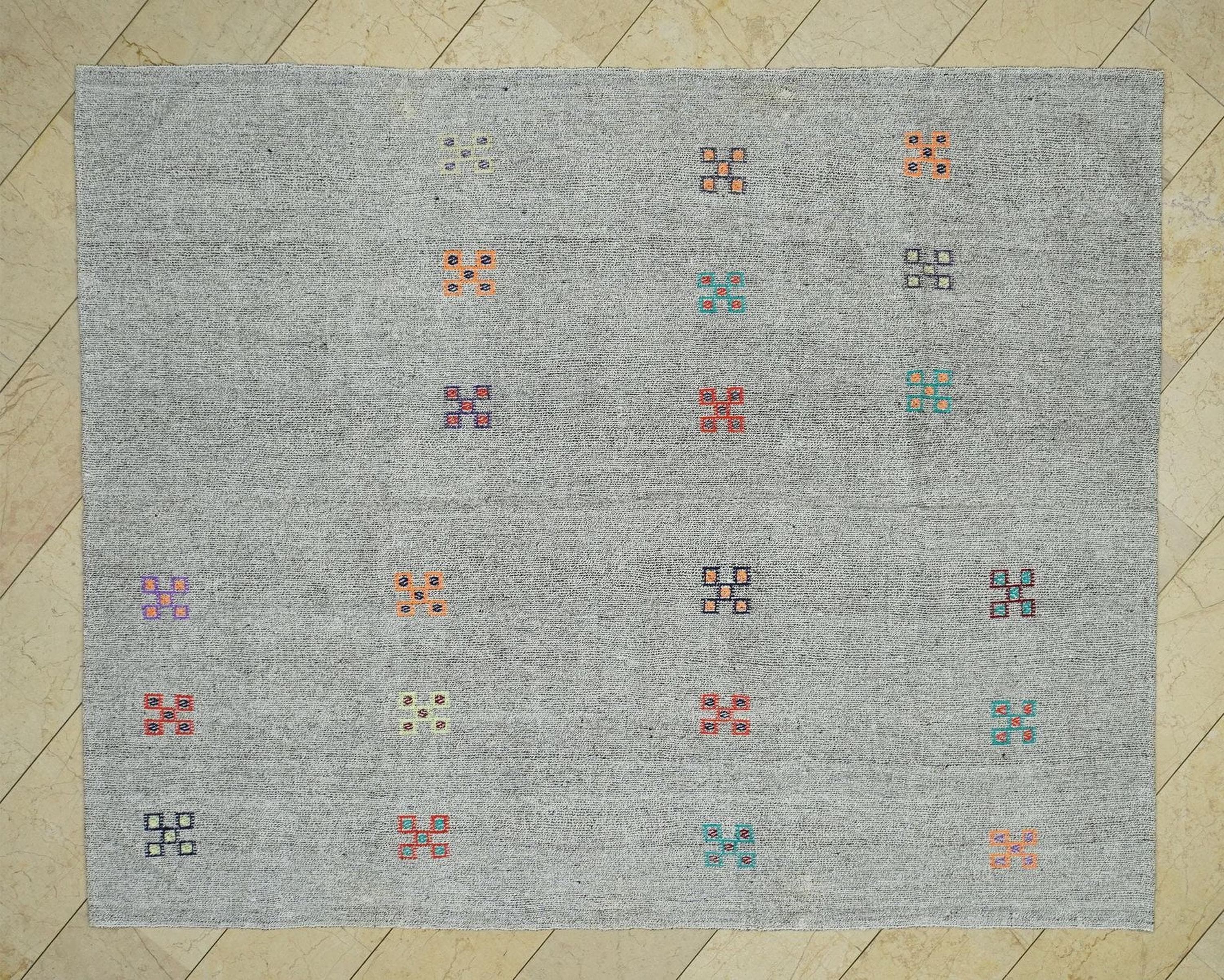 Summer Outdoor Decor: Natural Gray Turkish Kilim Rug, Goat Hair - Cotton Woven Rugs 7x9