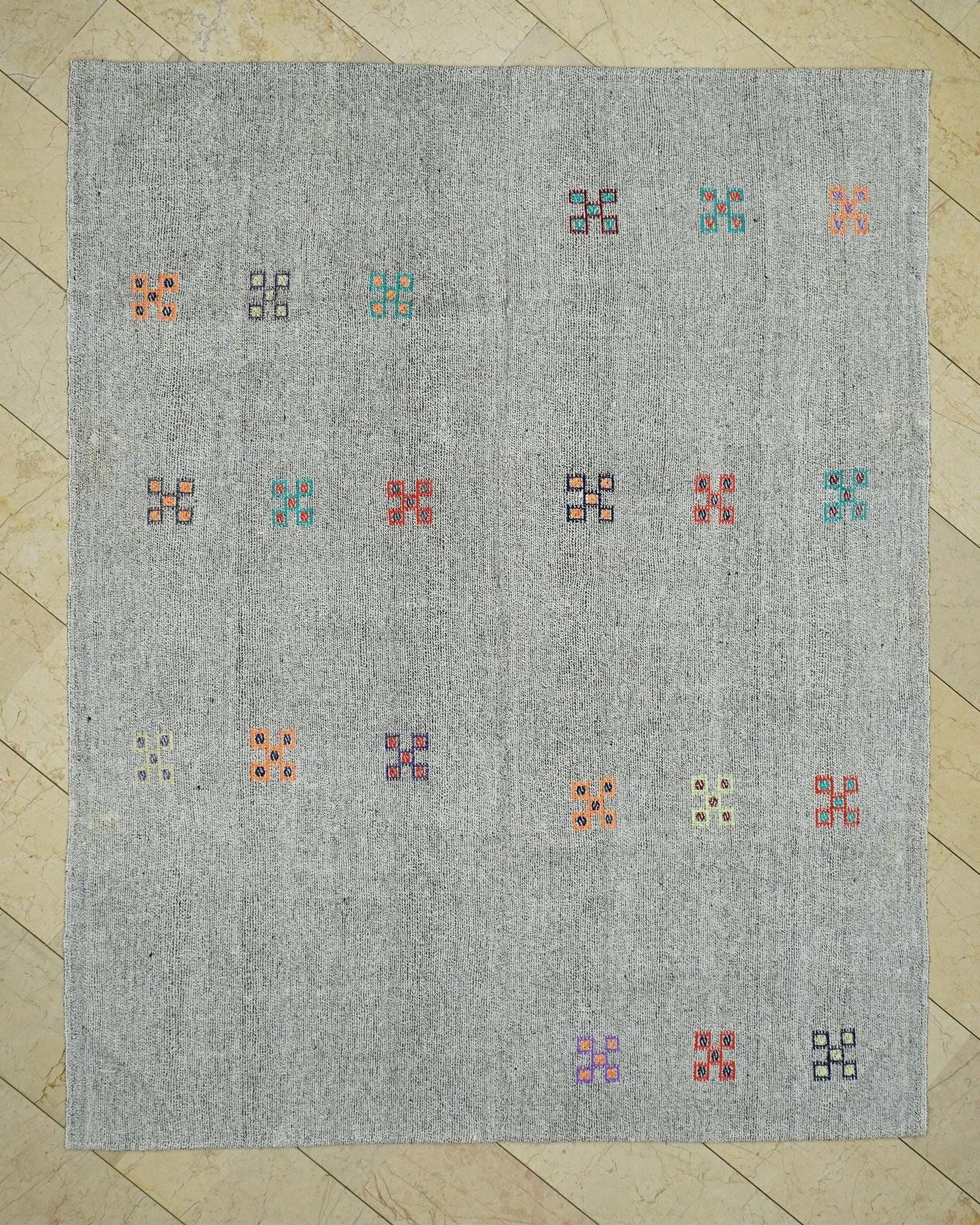 Summer Outdoor Decor: Natural Gray Turkish Kilim Rug, Goat Hair - Cotton Woven Rugs 7x9