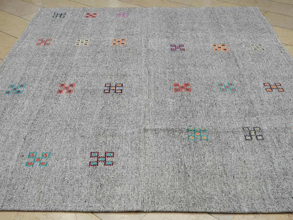 Summer Outdoor Decor: Natural Gray Turkish Kilim Rug, Goat Hair - Cotton Woven Rugs 7x9