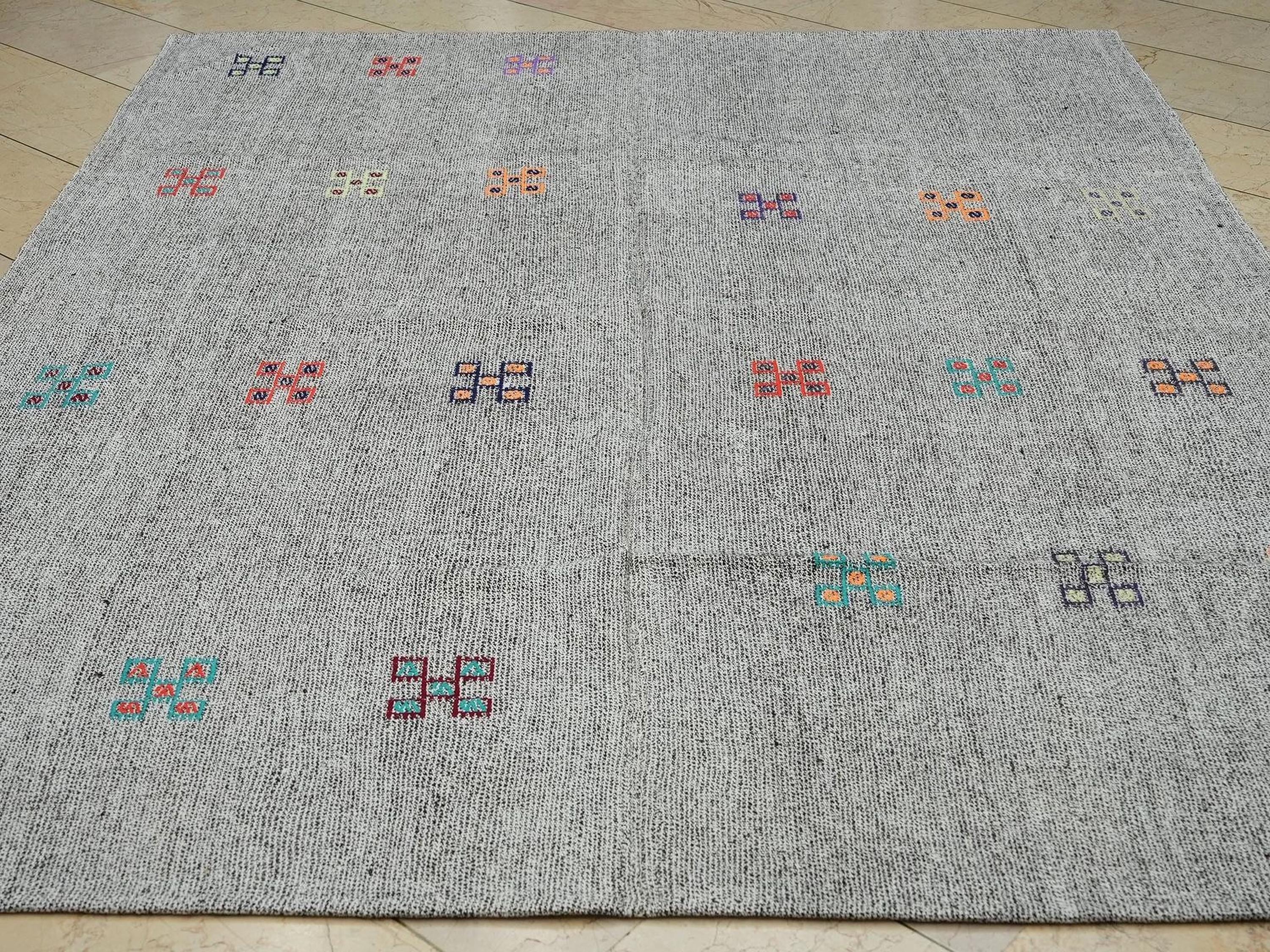 Summer Outdoor Decor: Natural Gray Turkish Kilim Rug, Goat Hair - Cotton Woven Rugs 7x9