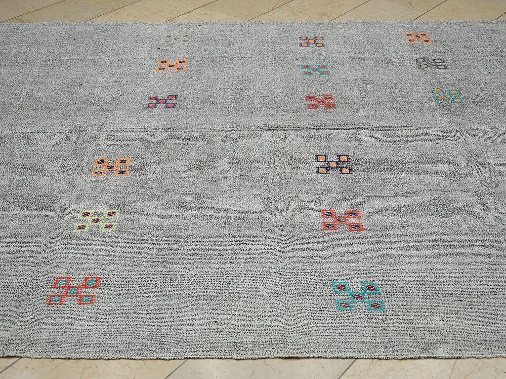 Summer Outdoor Decor: Natural Gray Turkish Kilim Rug, Goat Hair - Cotton Woven Rugs 7x9