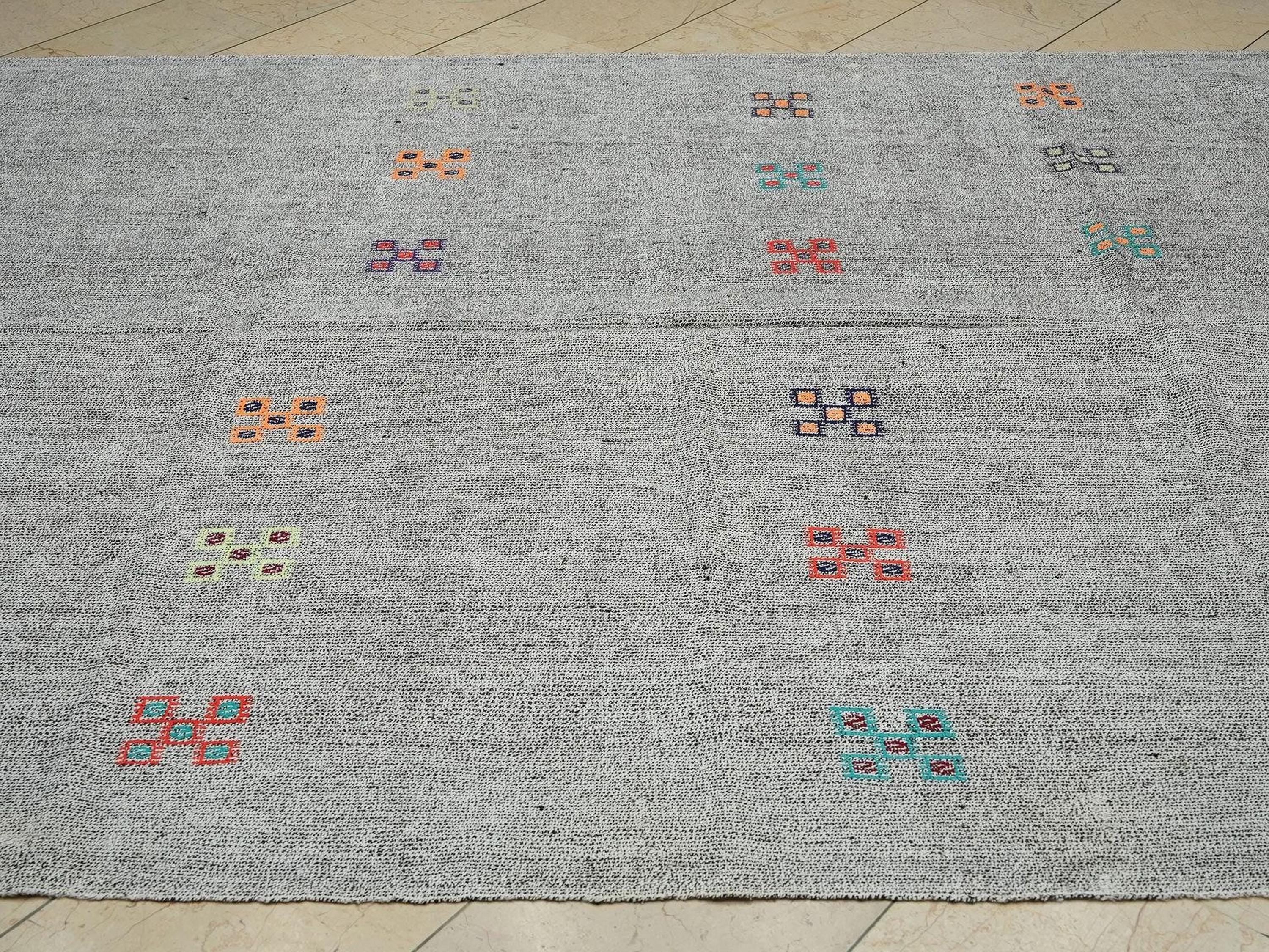 Summer Outdoor Decor: Natural Gray Turkish Kilim Rug, Goat Hair - Cotton Woven Rugs 7x9
