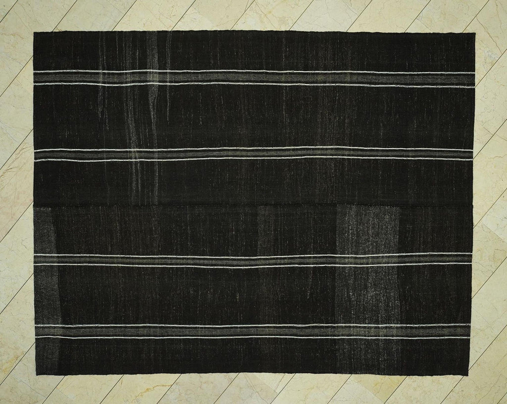 Mid-Century Modern Goat Hair Kilim Rug - 7.7x9.9 ft - Primitive Stripe Rugs