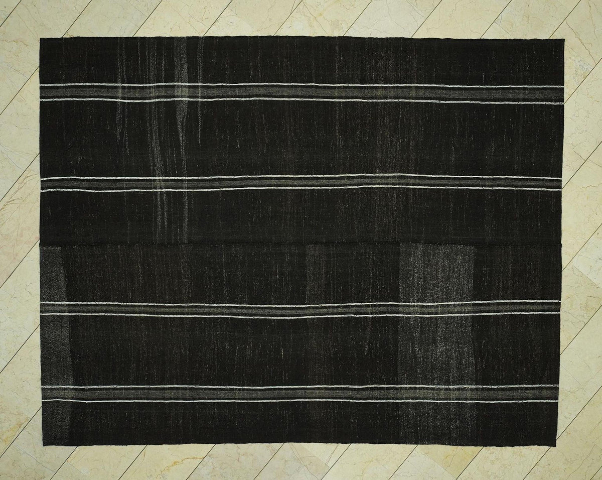 Mid-Century Modern Goat Hair Kilim Rug - 7.7x9.9 ft - Primitive Stripe Rugs