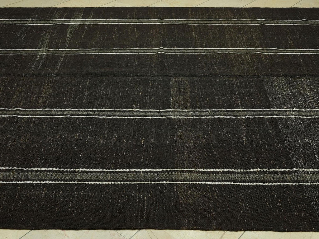 Mid-Century Modern Goat Hair Kilim Rug - 7.7x9.9 ft - Primitive Stripe Rugs