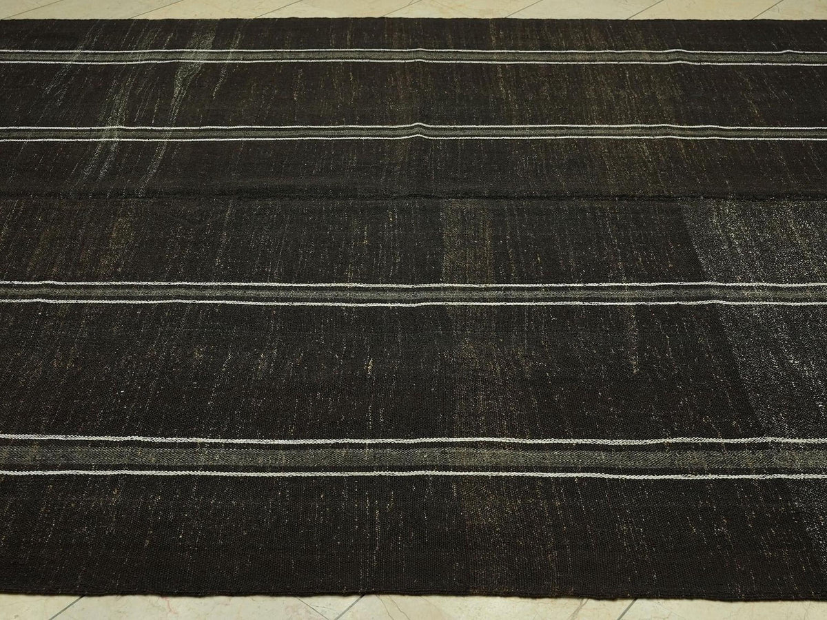 Mid-Century Modern Goat Hair Kilim Rug - 7.7x9.9 ft - Primitive Stripe Rugs