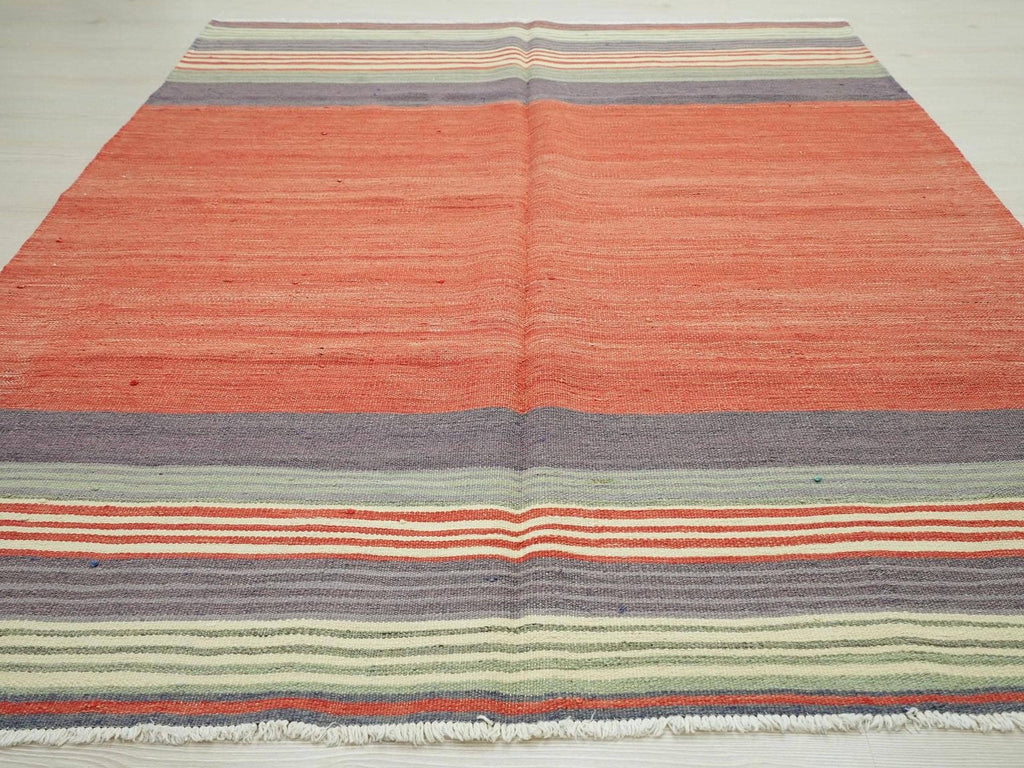 Red Turkish Kilim Rug: 1950s Handmade Flat Weave, Bohemian Decor (4.9x6.4 ft)