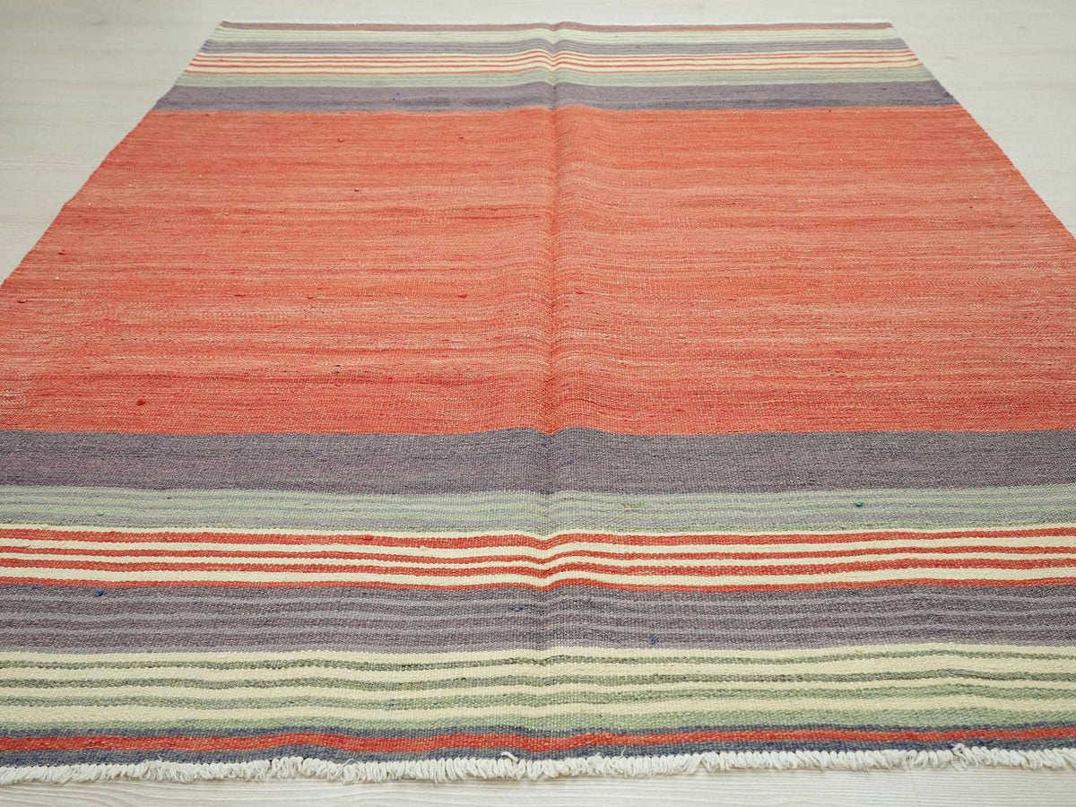 Red Turkish Kilim Rug: 1950s Handmade Flat Weave, Bohemian Decor (4.9x6.4 ft)