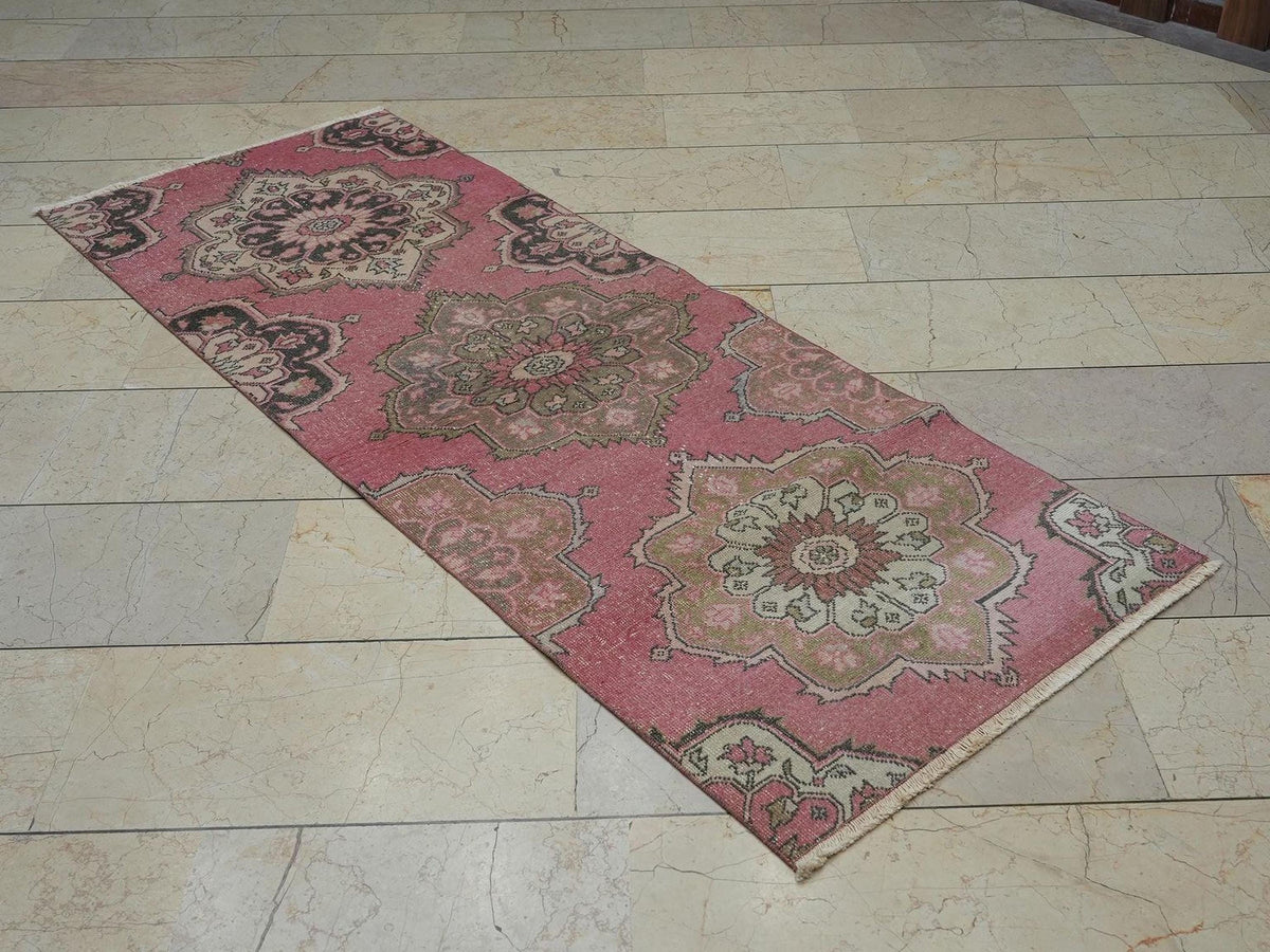 Salmon Pink Oushak Rug Runner: Vintage Turkish Wool Carpet Rugs, 2,6"x7" Feet.