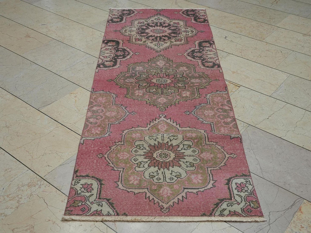 Salmon Pink Oushak Rug Runner: Vintage Turkish Wool Carpet Rugs, 2,6"x7" Feet.