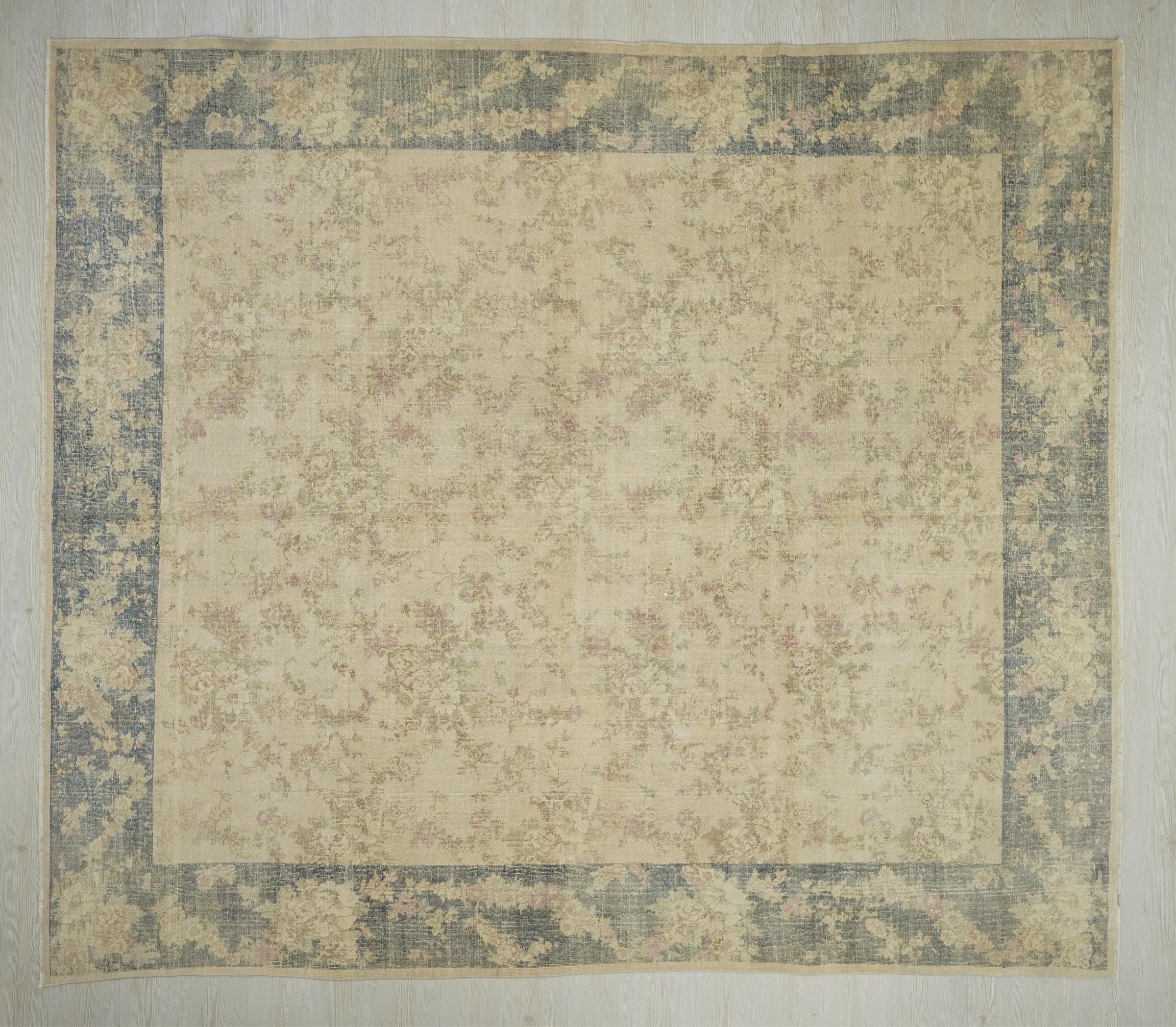 Large Square Oushak Rug: 9.4"x10.8" Feet, Pastel Faded Turkish Carpet