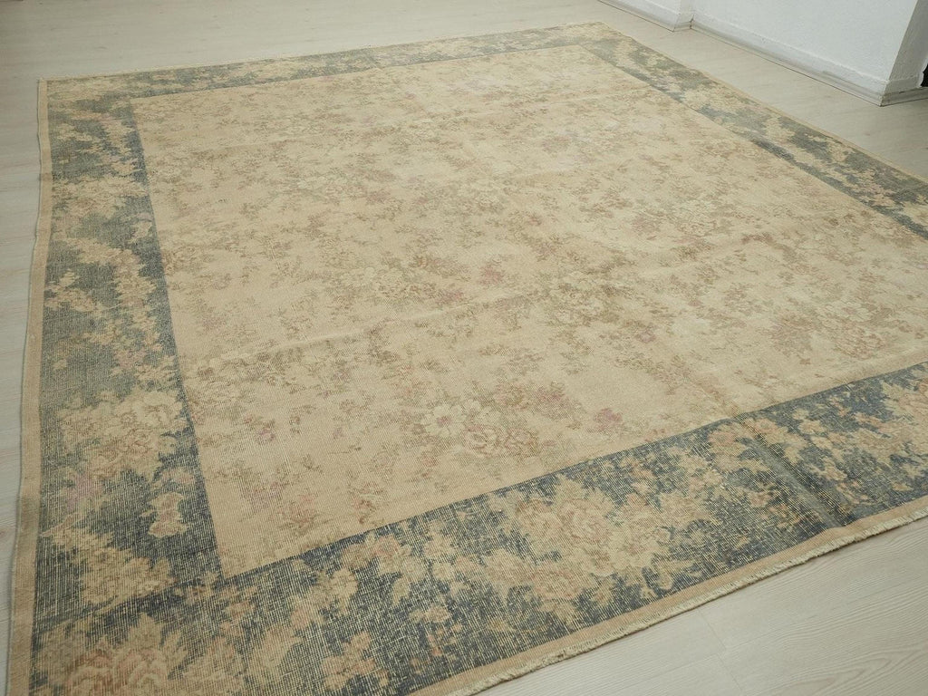 Large Square Oushak Rug: 9.4"x10.8" Feet, Pastel Faded Turkish Carpet