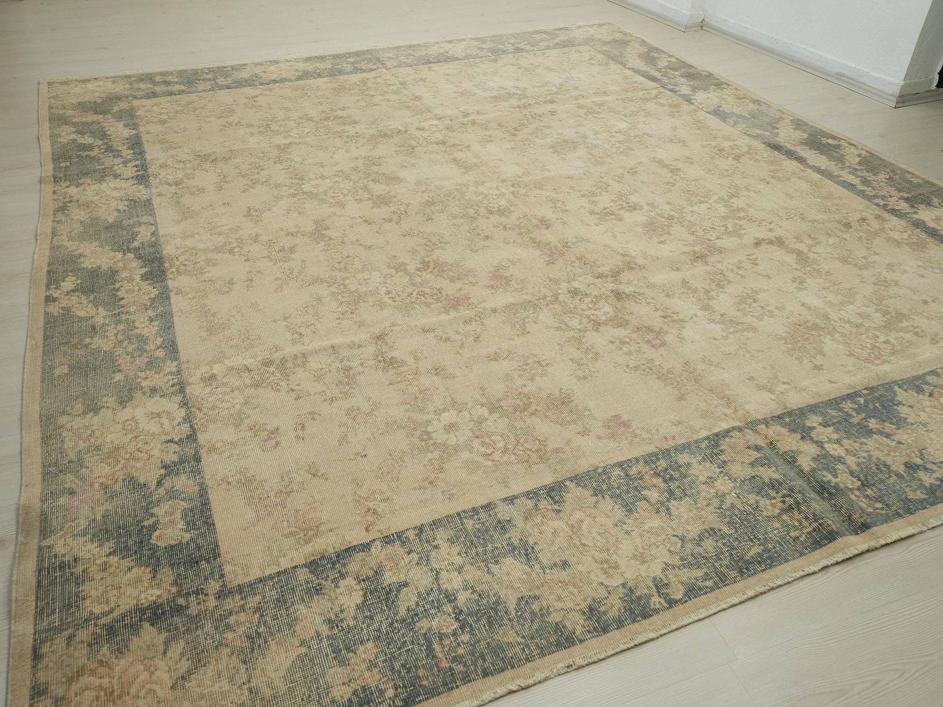Large Square Oushak Rug: 9.4"x10.8" Feet, Pastel Faded Turkish Carpet