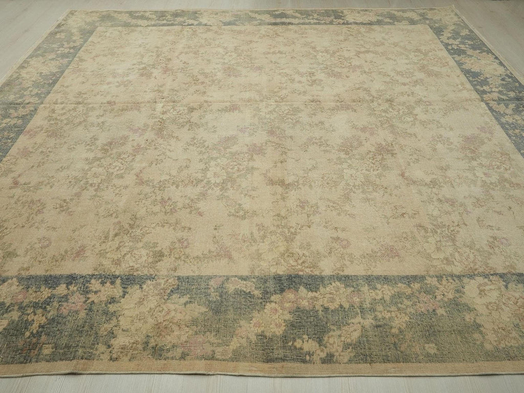 Large Square Oushak Rug: 9.4"x10.8" Feet, Pastel Faded Turkish Carpet