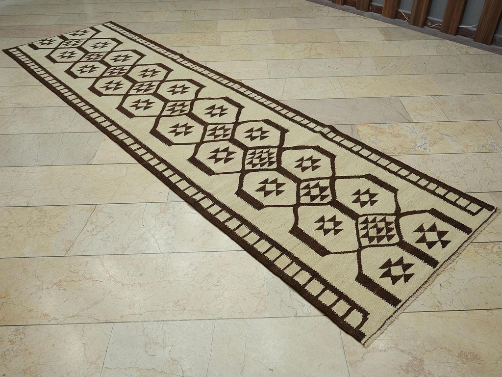 Turkish Kilim Rug Runner: 3x11 Primitive Design Flat Weave Rugs