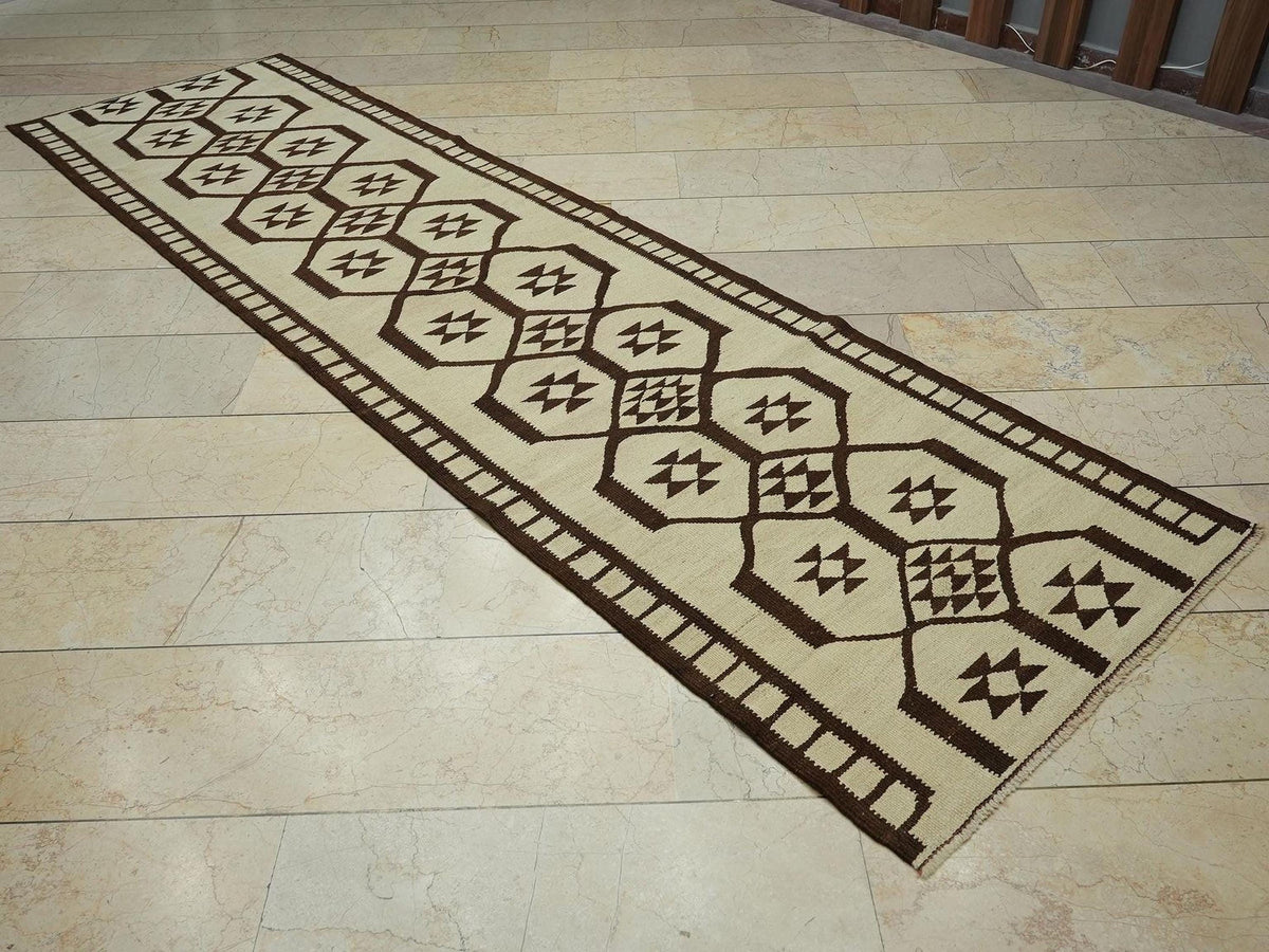 Turkish Kilim Rug Runner: 3x11 Primitive Design Flat Weave Rugs