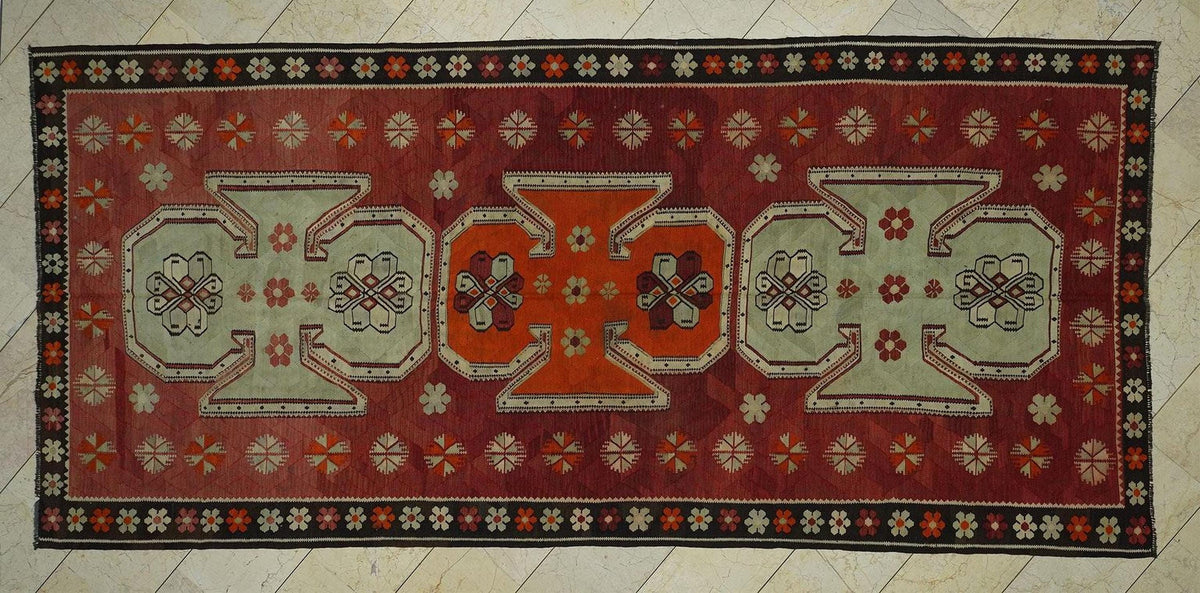 Old Turkish Kilim Rug: 5,6x11,9 Feet, Antique Home Decor Handwoven Area Rugs.