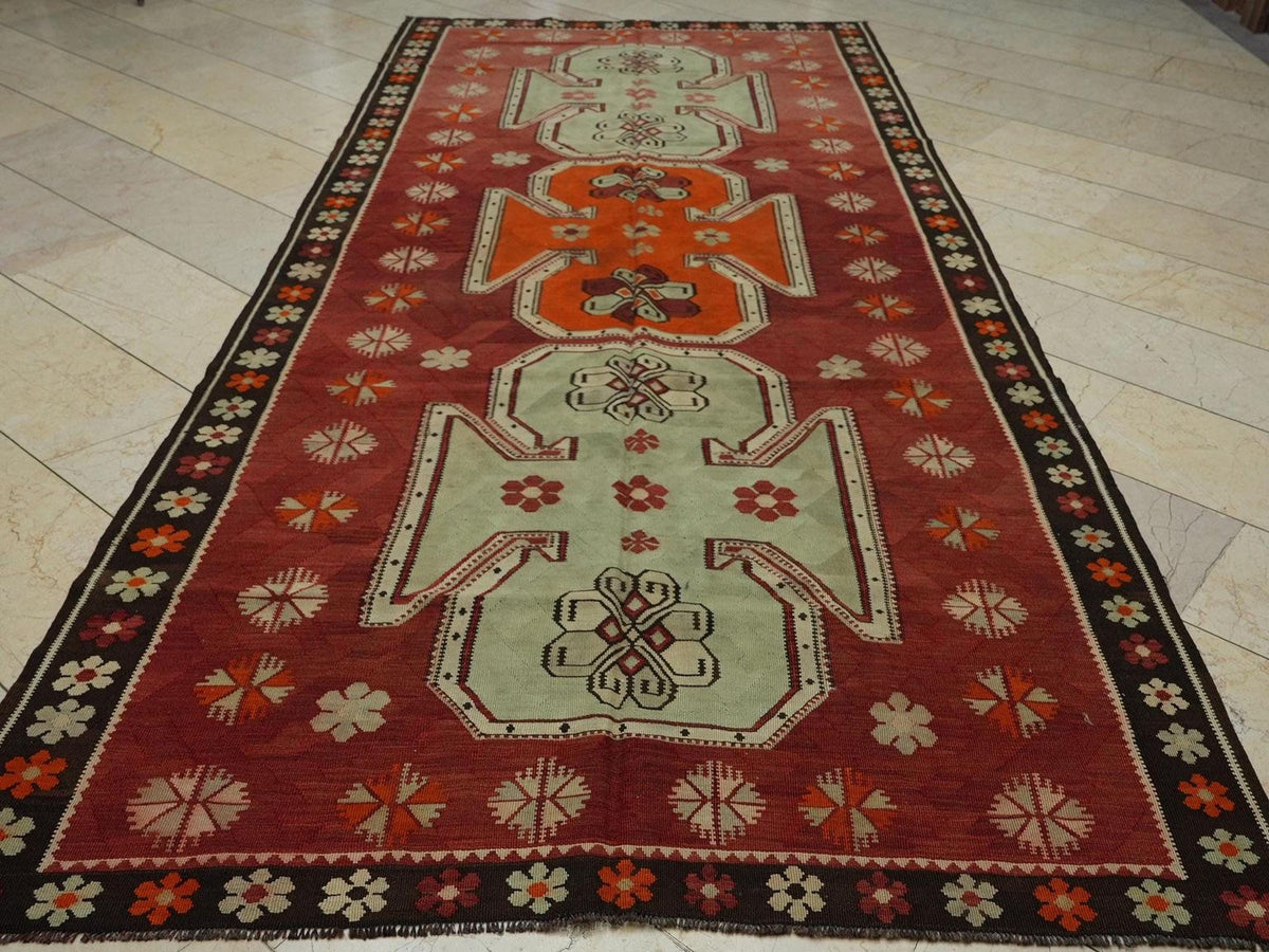 Old Turkish Kilim Rug: 5,6x11,9 Feet, Antique Home Decor Handwoven Area Rugs.