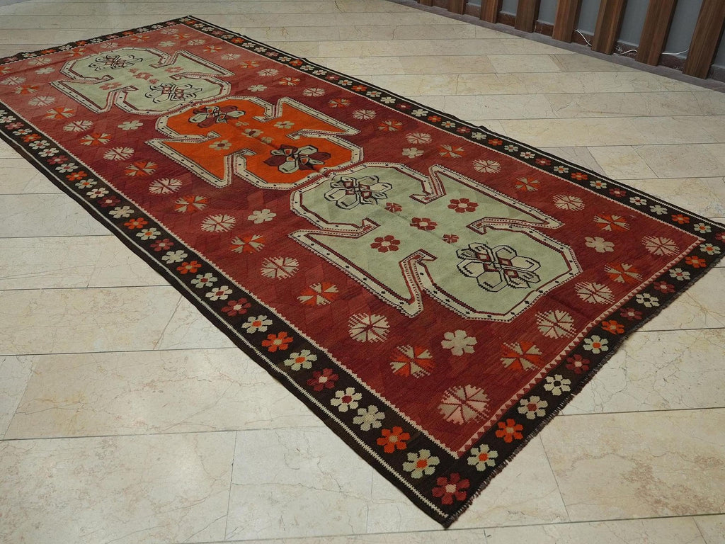 Old Turkish Kilim Rug: 5,6x11,9 Feet, Antique Home Decor Handwoven Area Rugs.