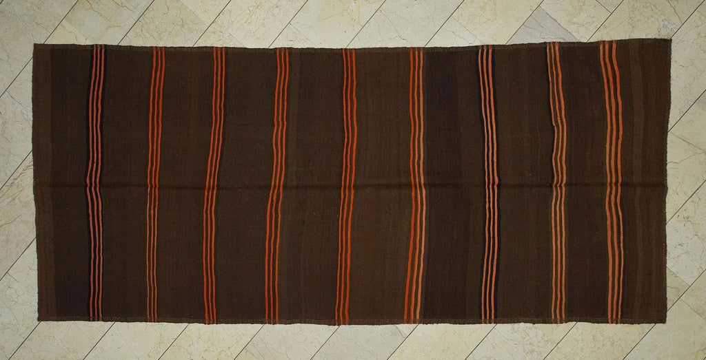 Vintage Brown Wool Kilim Rug: 4.7"x10.7" Orange Stripe Flat Weave Rugs.