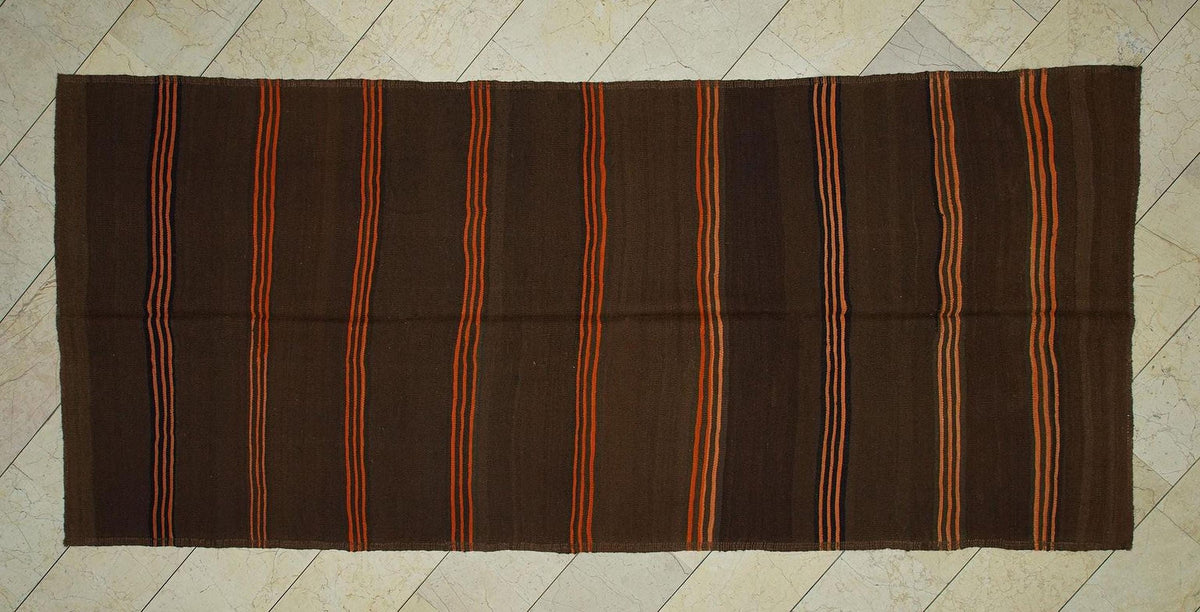 Vintage Brown Wool Kilim Rug: 4.7"x10.7" Orange Stripe Flat Weave Rugs.