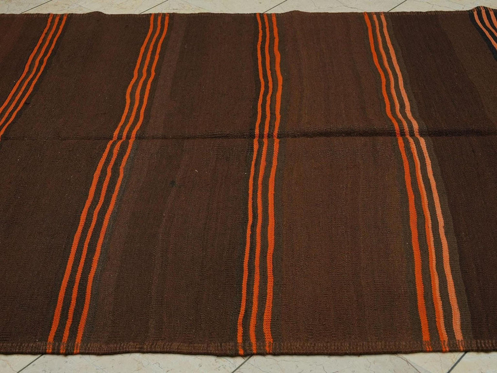 Vintage Brown Wool Kilim Rug: 4.7"x10.7" Orange Stripe Flat Weave Rugs.