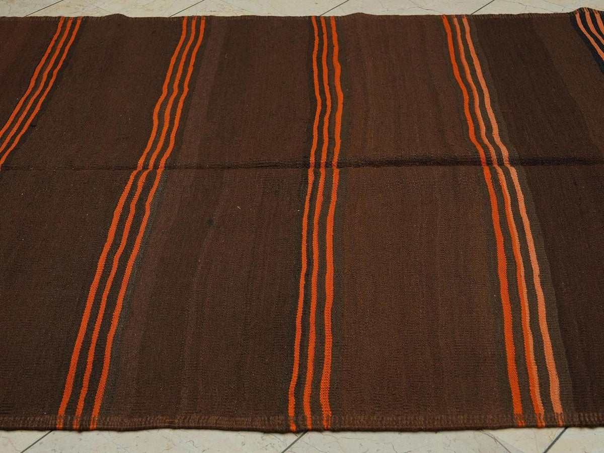 Vintage Brown Wool Kilim Rug: 4.7"x10.7" Orange Stripe Flat Weave Rugs.