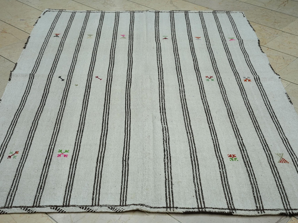 Striped Pattern Cream & Brown Turkish Wool Kilim Rug: 5x6.6 Ft,Mid Century Modern Rugs