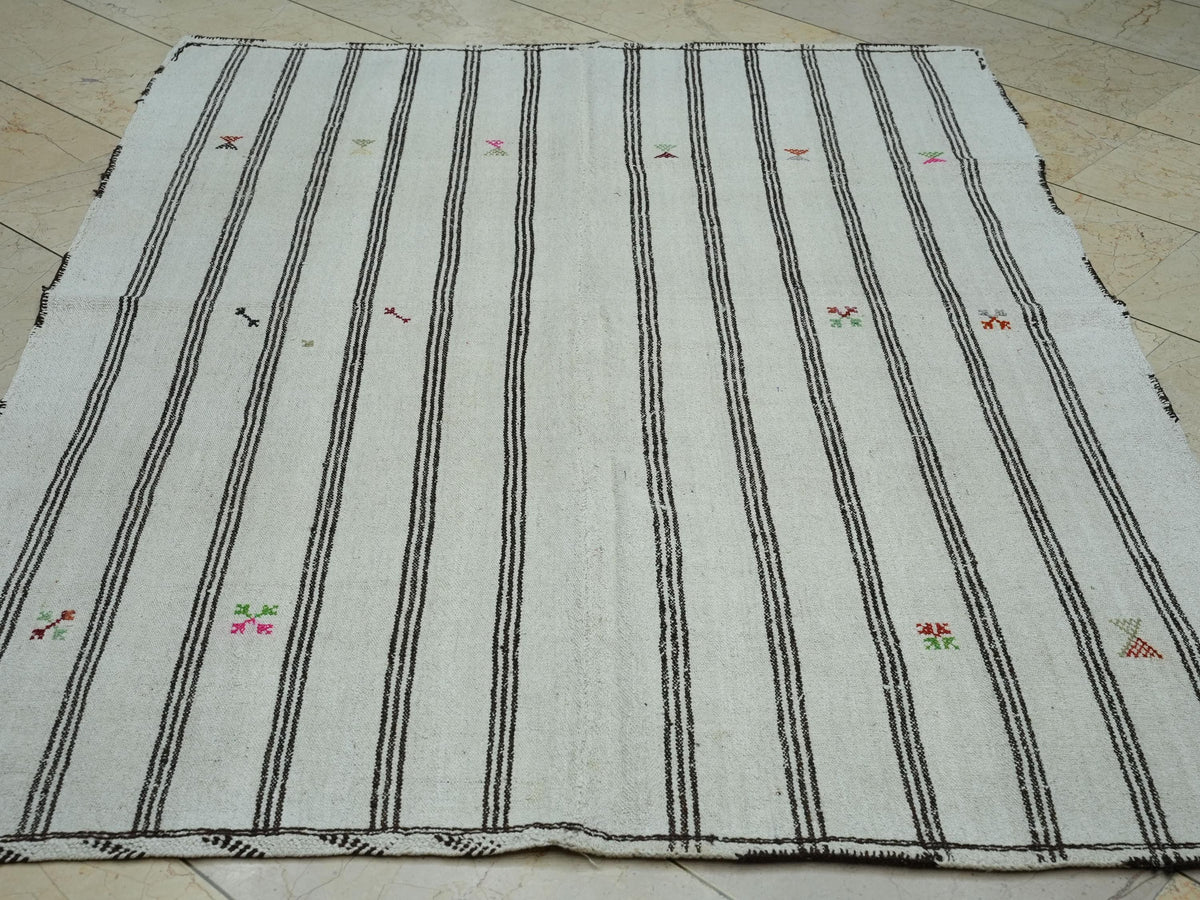 Striped Pattern Cream & Brown Turkish Wool Kilim Rug: 5x6.6 Ft,Mid Century Modern Rugs