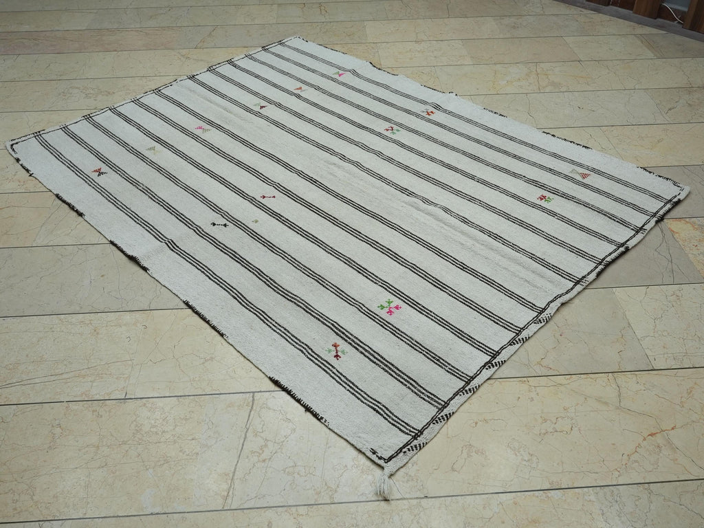 Striped Pattern Cream & Brown Turkish Wool Kilim Rug: 5x6.6 Ft,Mid Century Modern Rugs