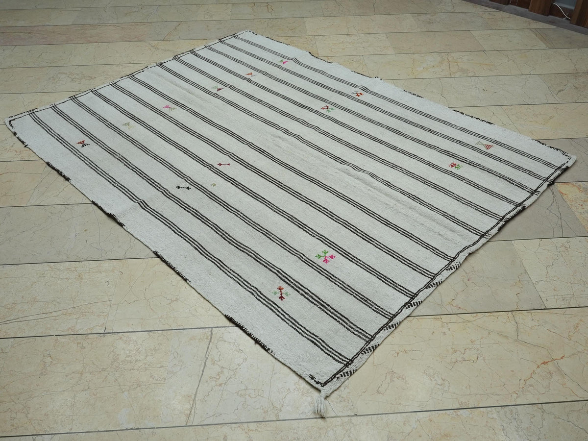 Striped Pattern Cream & Brown Turkish Wool Kilim Rug: 5x6.6 Ft,Mid Century Modern Rugs