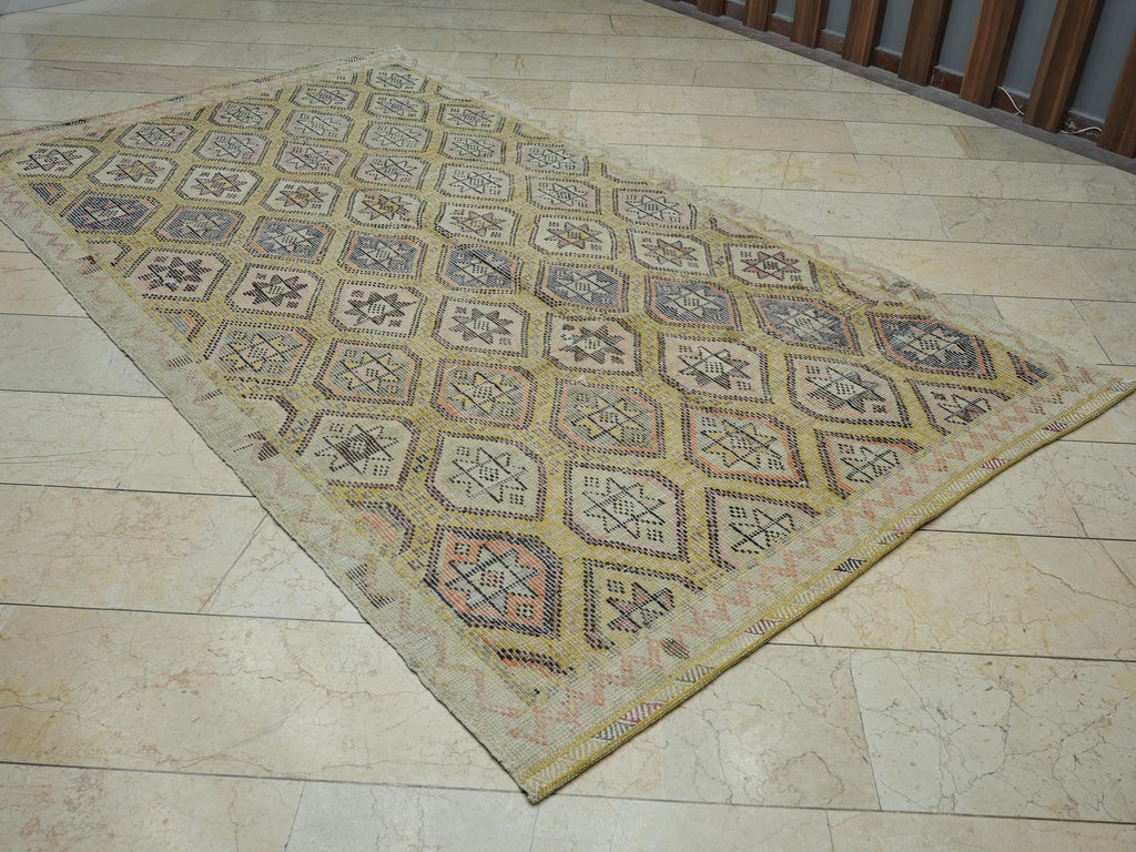Yellow & Beige Embroidered Turkish Cotton Kilim Rug: 5.7x10.1 Ft, Mid Century Modern Rugs.