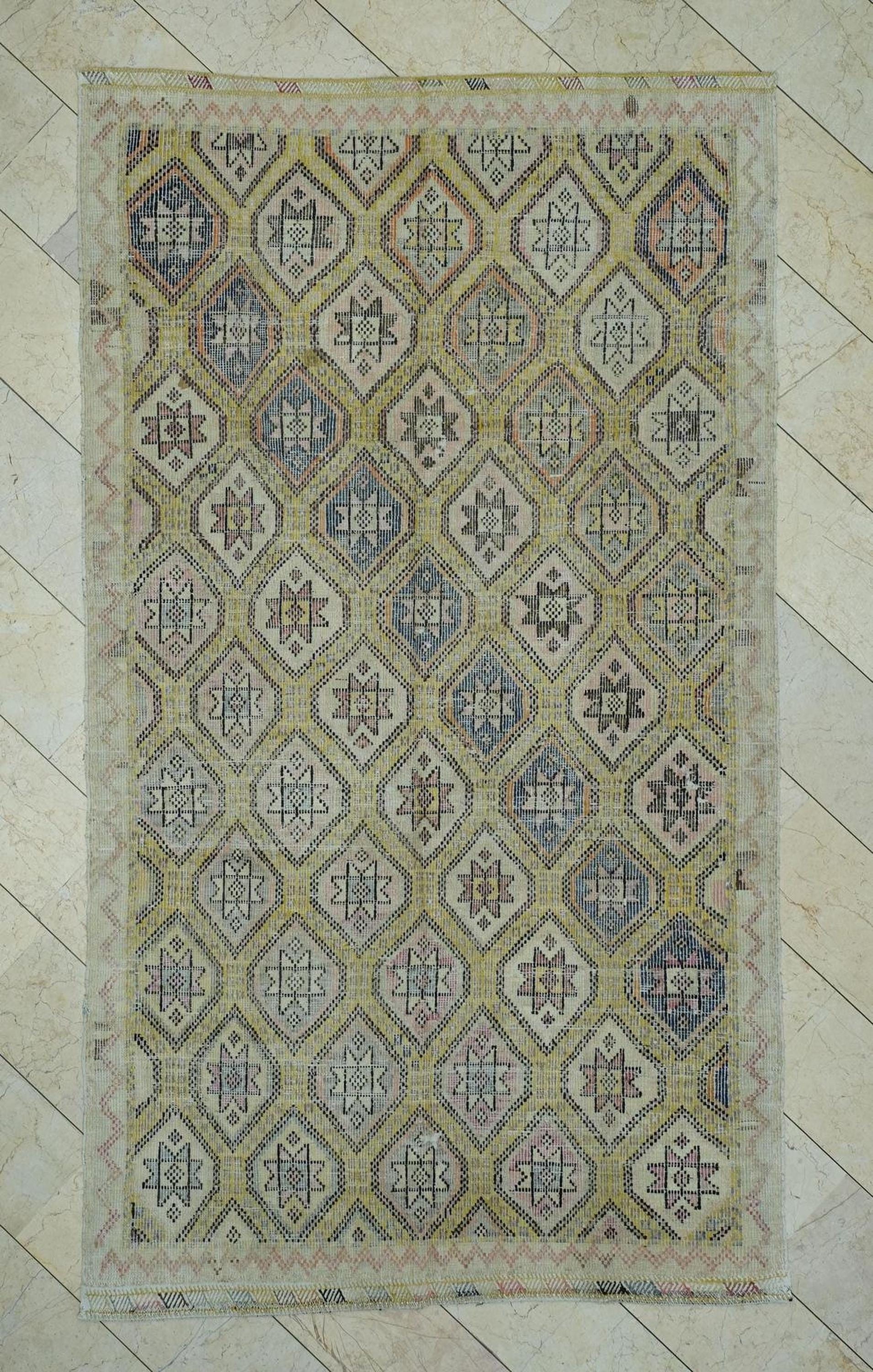Yellow & Beige Embroidered Turkish Cotton Kilim Rug: 5.7x10.1 Ft, Mid Century Modern Rugs.