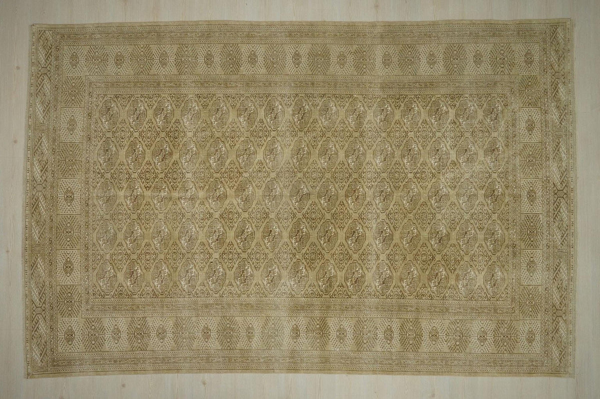 Oversize Vintage Wool Rug 8x12.6: Beige Oriental Farmhouse Carpet