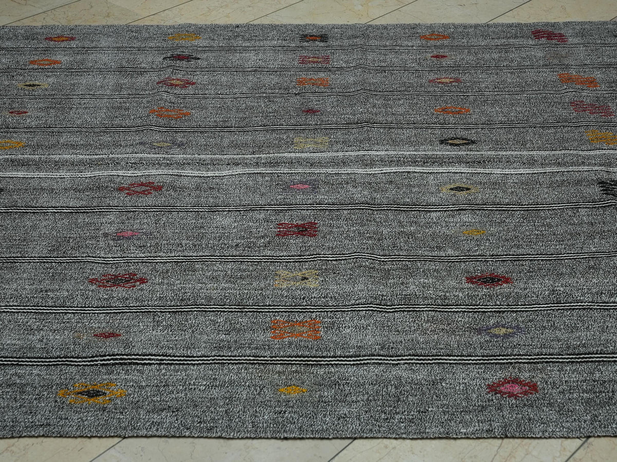 Scandinavian Style Flat Weave Turkish Striped Kilim Rug: 6.3x7.6 Ft,Embroidered Rugs