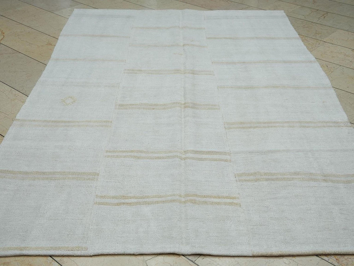 Sweden Home Style Patchwork Hemp Kilim Rug: 5.6 x 8.3 ft, Broken Stripe Rugs.