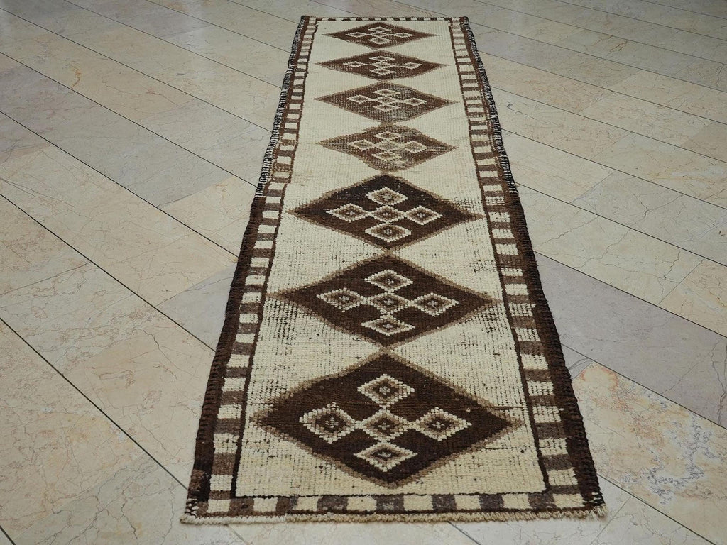 Handmade Turkish Wool Rug Runner: Brown & Cream Home Hallway Decor Rugs 3x10 Feet.