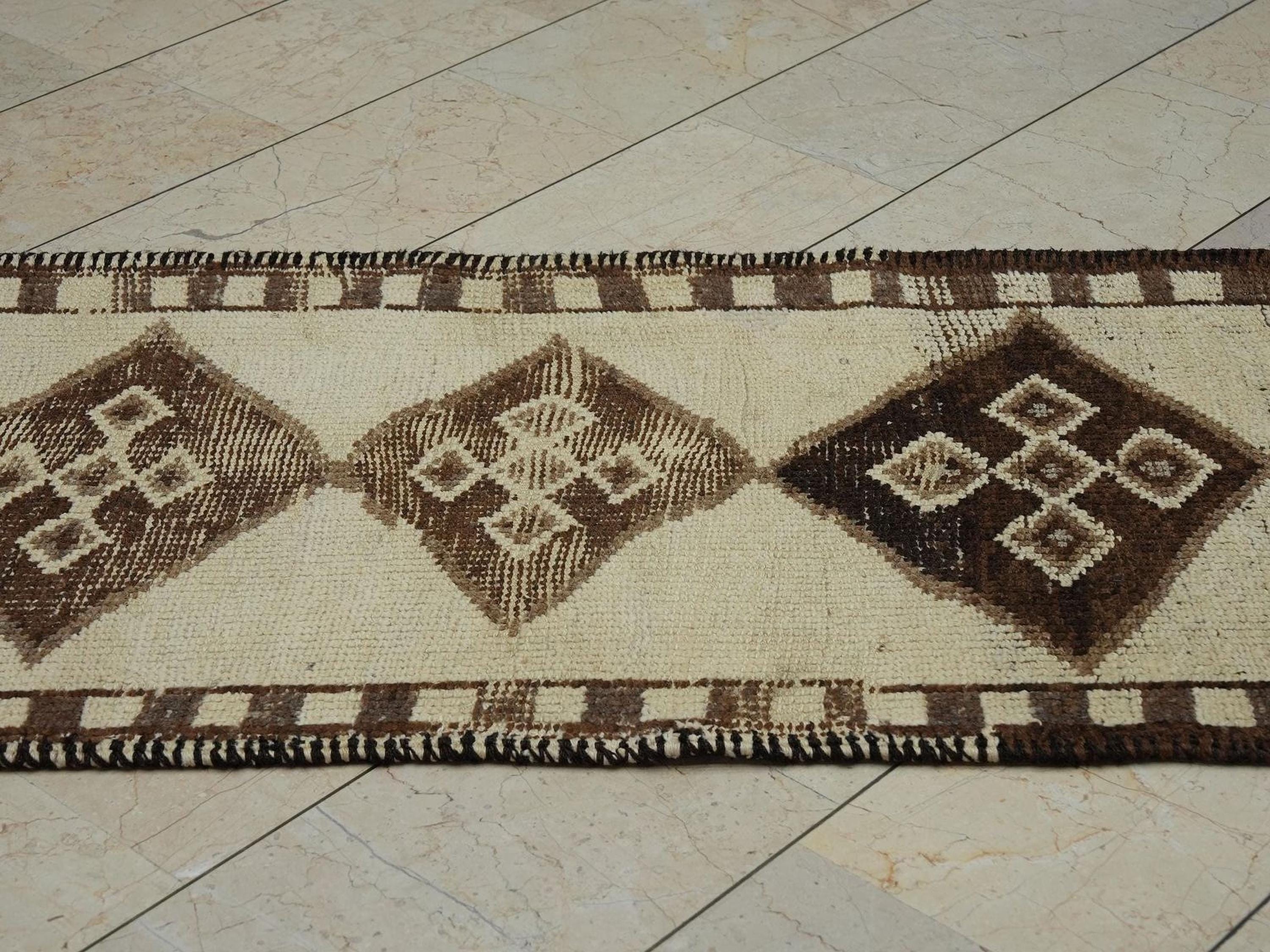 Handmade Turkish Wool Rug Runner: Brown & Cream Home Hallway Decor Rugs 3x10 Feet.