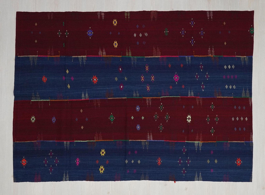 Vintage Turkish Kilim Rug: Red and Blue Flat Weave Rugs 5.7x8 ft.