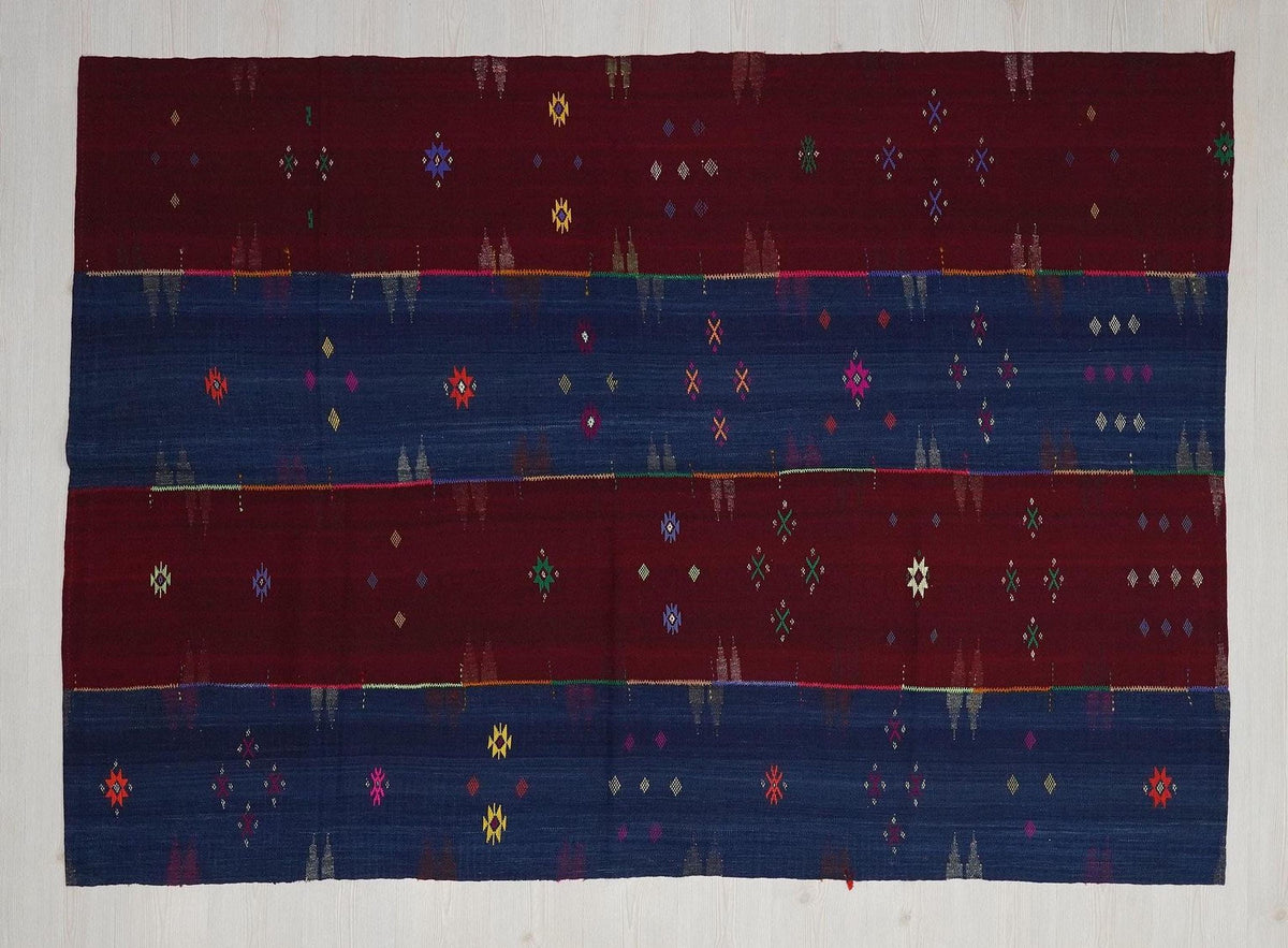 Vintage Turkish Kilim Rug: Red and Blue Flat Weave Rugs 5.7x8 ft.