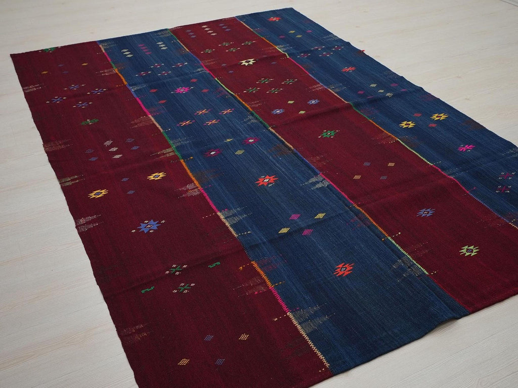 Vintage Turkish Kilim Rug: Red and Blue Flat Weave Rugs 5.7x8 ft.