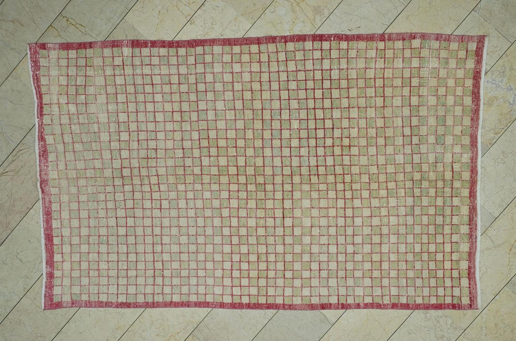 Rare Pattern Vintage Wool Turkish Rug: 5.3x8.5 Ft,Low Pile Old Oushak Rugs.