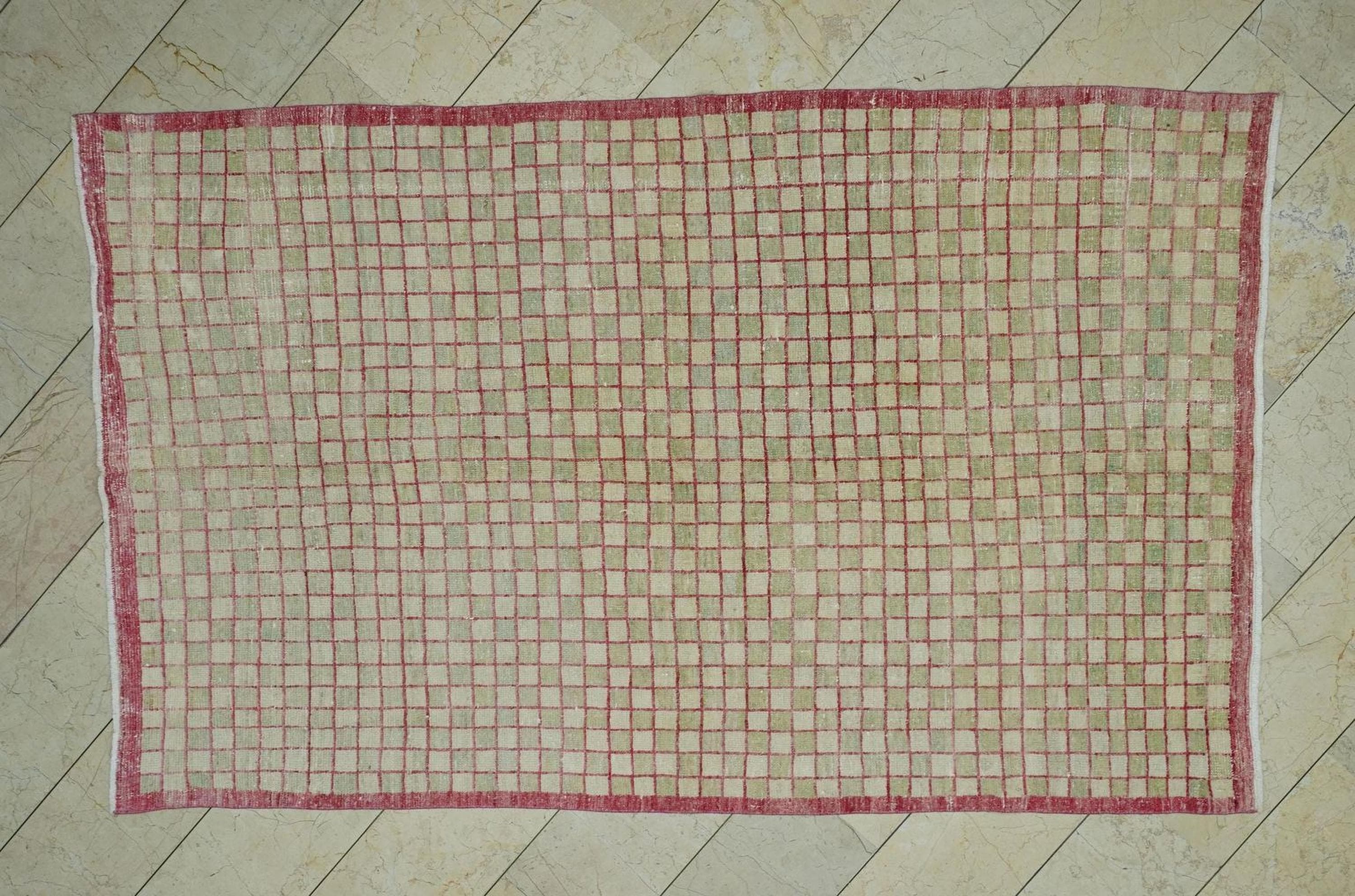 Rare Pattern Vintage Wool Turkish Rug: 5.3x8.5 Ft,Low Pile Old Oushak Rugs.