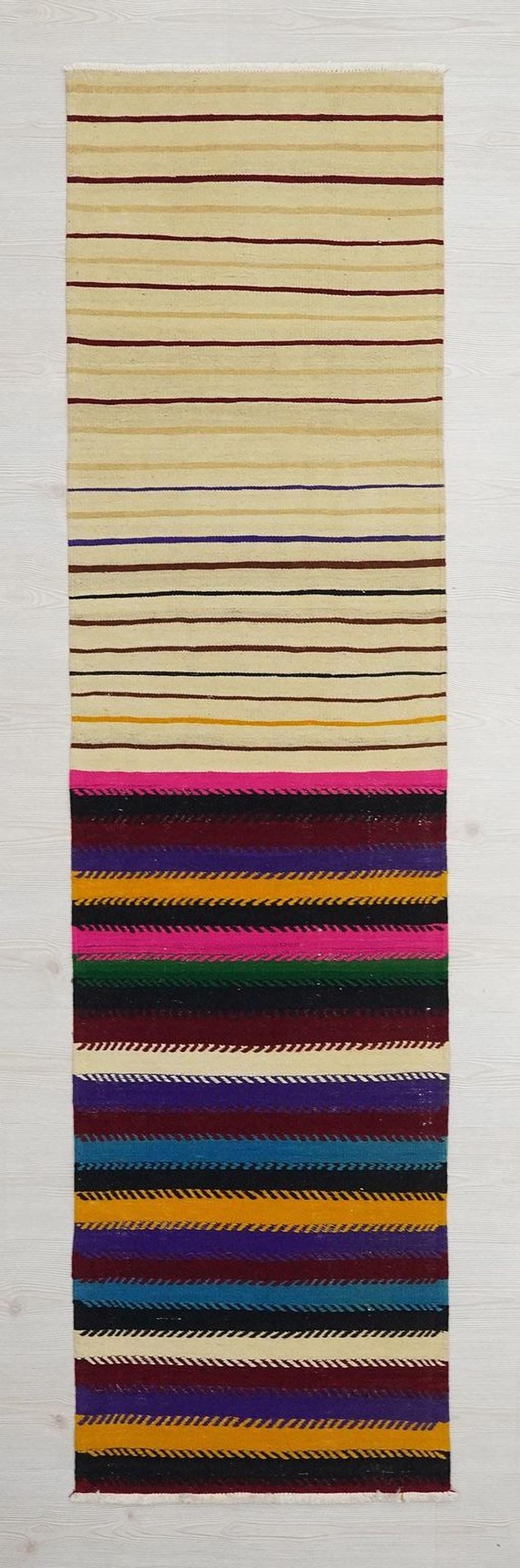 Vintage Turkish Kilim Rug Runner: 2x8 Stripe Wool Flat Weave Rugs.
