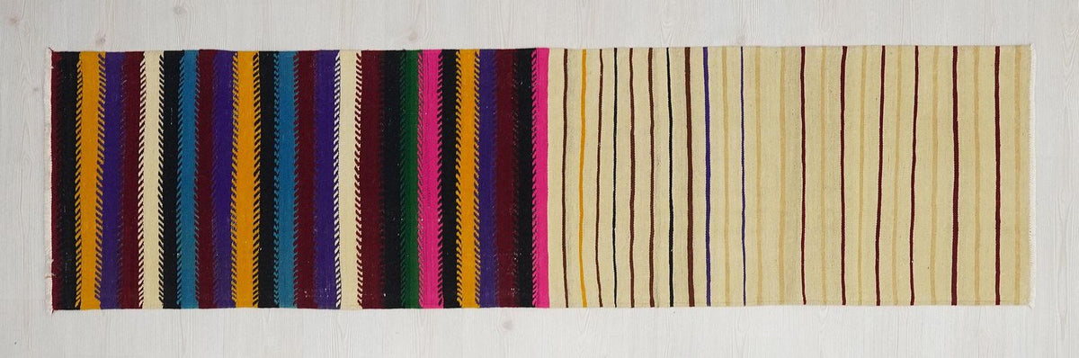 Vintage Turkish Kilim Rug Runner: 2x8 Stripe Wool Flat Weave Rugs.